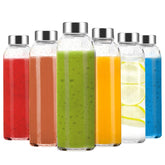 Luxfuel front view of six clear glass bottles showing organized set and convenience