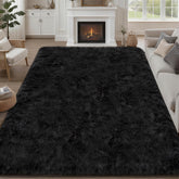 Luxturiy front view of 8x10 black rug showing plush look and anchoring benefit