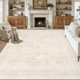 Luxturiy front view of 8x10 beige rug showing neutral vintage feel and cozy benefit