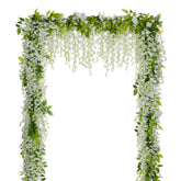 Lvydec front view on arch showcasing full cascading white wisteria for instant romance