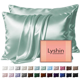 LYSHIN front packaging showing sage green silk pillowcases, elegant gift-ready benefit