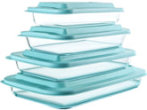 M MCIRCO front view of glass baking set showing elegant clear pans and green accents for stylish serving