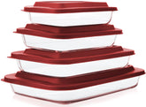 M MCIRCO front view of set with red accents showing all four glass pans and lids for versatile baking