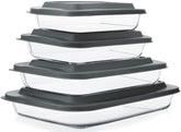 M MCIRCO front view of four clear glass baking dishes and gray lids showing set versatility