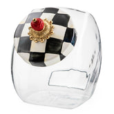 MACKENZIE-CHILDS front view of glass cookie jar showing clear contents and pattern benefit