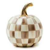 MACKENZIE-CHILDS front view of mini pumpkin showing mocha check pattern and charm