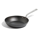 Made In front view of 10-inch pan showing profile and cooking area benefit: clear form for storage