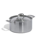 Made In front view of 6 quart stock pot showing sleek stainless finish and lid, durable cooking