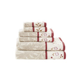 Madison Park front packaging showing red towel set and neat fold benefit: easy gifting