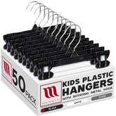Mainetti 50-pack front view showing compact black hangers and organized storage benefit