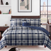 MaiRêve front view of navy plaid comforter showing inviting bedroom style