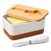 MALACASA front view showing elegant ceramic butter dish and bamboo lid benefit: stylish countertop storage