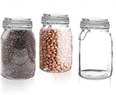 Marbelous front view of three 50 oz glass jars showing clear storage and neat labeling benefit