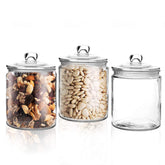 Marbelous front view of three clear glass jars showing contents and neat display benefit