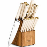 Martha Stewart front view of knife block showing stylish linen white and gold