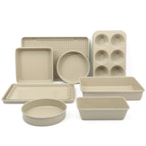 Martha Stewart front view of taupe bakeware set showing complete collection and coordinated style.
