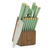 Martha Stewart front view of full block set showing organized knives and sage handles for stylish storage