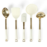 Martha Stewart front view of five-piece set showing gold accents and linen handles for elegant counter display