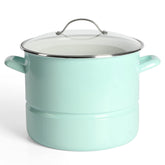 Martha Stewart front view of Martha Blue stock pot showing capacity and clean finish