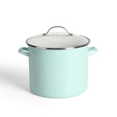 Martha Stewart front view of Martha Blue pot showing glossy enamel and elegant finish, enhances presentation