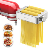 Mavouse front view of all metal pasta attachment showing robust stainless finish and mounting