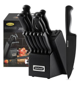 McCook front view of black block set showing all included knives and built-in sharpener, tidy storage benefit