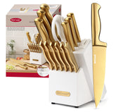 McCook front view of gold knives in white block showing organized storage and style