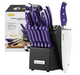 McCook front view of purple knife set in black wooden block, organized storage benefit