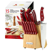 McCook red knife set front view showing full block and knives, stylish countertop benefit