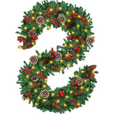 Mduvoz front view of full 12ft garland showing warm LEDs and festive greenery benefit adds instant holiday atmosphere