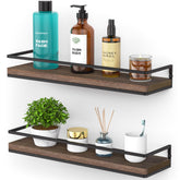 Meangood front view of two floating shelves showing rustic storage benefit