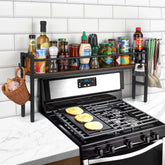 Meangood front view of over-the-stove shelf showing organized spices and accessible layout