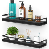 Meangood front view of black metal and wood shelves showing clean storage and style