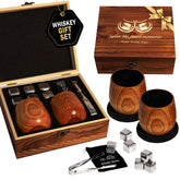 Megapuxin front view of two charred wooden whiskey glasses showing elegant finish and grip benefit