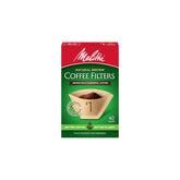 Melitta front packaging showing natural brown filters and pack size, convenient storage