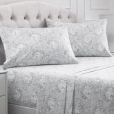 Mellanni front packaging showing Paisley Gray set and included pieces, clear contents benefit