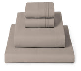Mellanni sheet set front view showing tan color and full four-piece contents for neat styling benefit