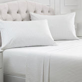 Mellanni front packaging showing pinstripe gray set and benefit of clear product view