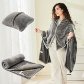 Mellowdy front view of dark grey wearable shawl blanket showing neat finish and shape for easy warmth