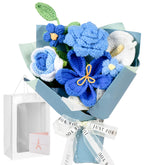 MengxFly front view of blue crochet bouquet showing ready-to-gift presentation and charm