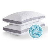 Meoflaw front packaging view showing two queen pillows and cooling cover benefit