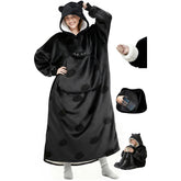 Mewaii front view oversized hoodie showing black cat print and full coverage warmth