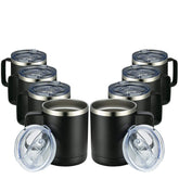 MEWAY front view of eight 12oz black mugs showing matching set benefit