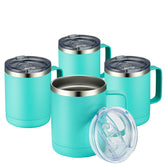 MEWAY front view of light green 12oz mug showing handle and lid, convenient portability