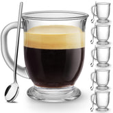 Mfacoy front view of six clear glass coffee mugs showing capacity and set value
