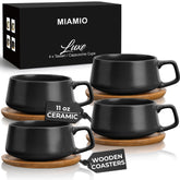 MIAMIO front packaging showing four black cups and wooden saucers, ready to gift