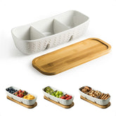 Miamolo front view of porcelain chip and dip set showcasing tidy presentation benefit
