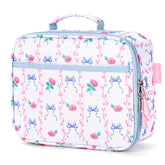 mibasies front view bowknot rose sky blue lunch bag showing cheerful design and portability
