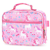 mibasies front view of lunch box showing flower unicorn print and durable exterior benefit