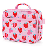 mibasies front view strawberry pink lunch box shows cute pattern and easy carry benefit